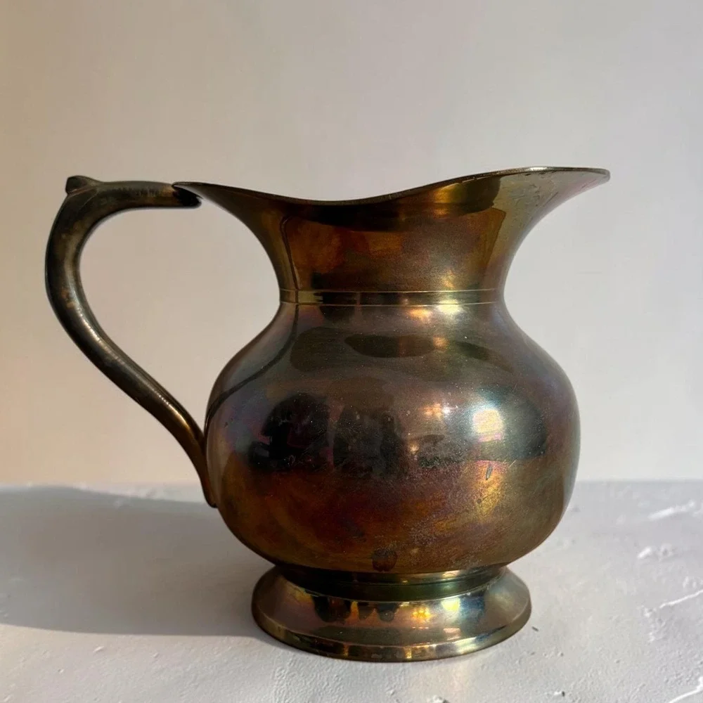 Vintage Brass Pitcher Made in India Aged Patina Decorative Metal Vase 5.75